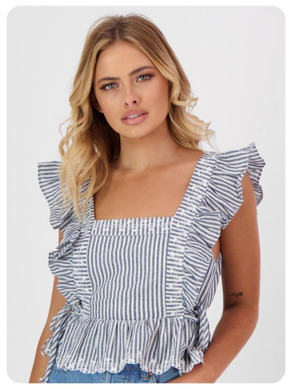 Zara Blue White Stripe Ruffle Top sz US S